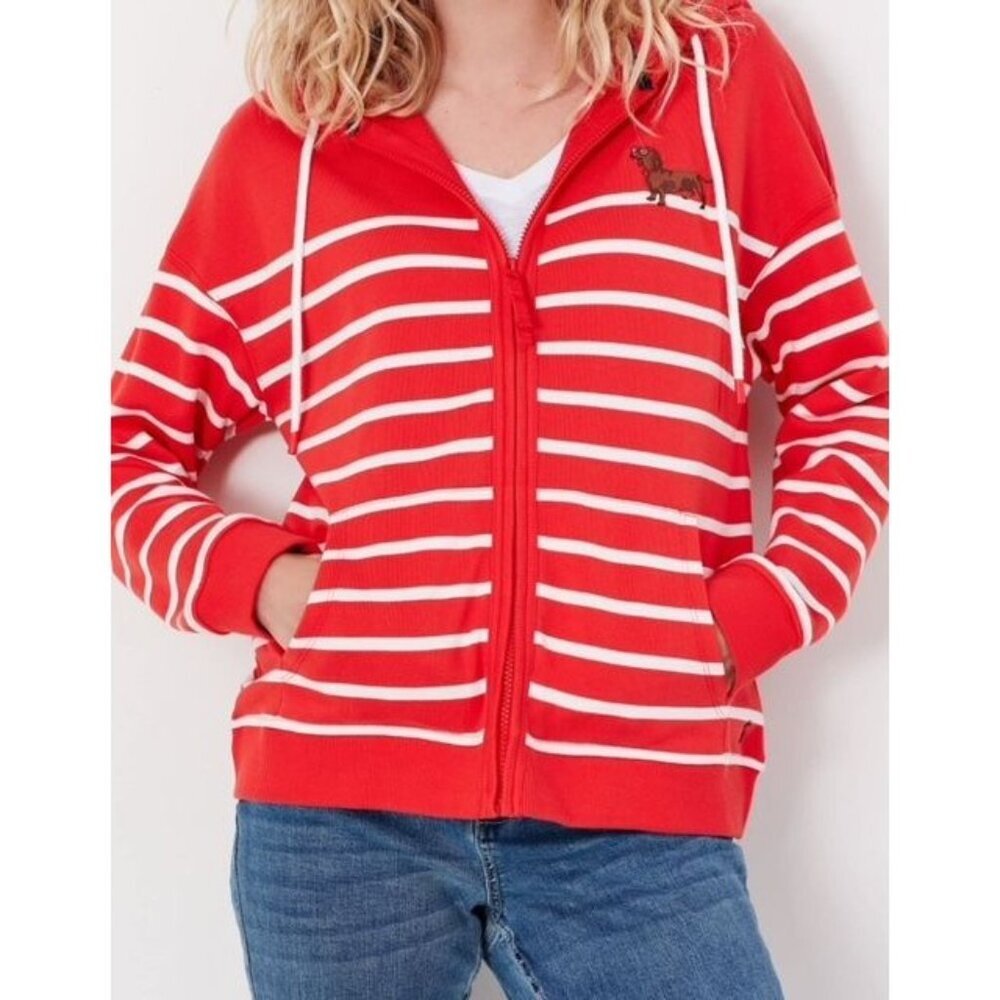 NWT Womens Joules Red & White Striped Zip-Up Hoodie w/Dachshund Embroidery